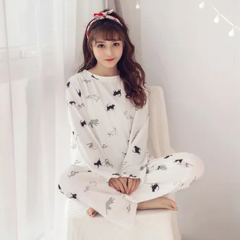 

2020 Autumn Long Sleeve New Style Korean-style Cute Cartoon Cat Pajamas Women's Loose And Plus-sized Two-Piece Set Home Wear