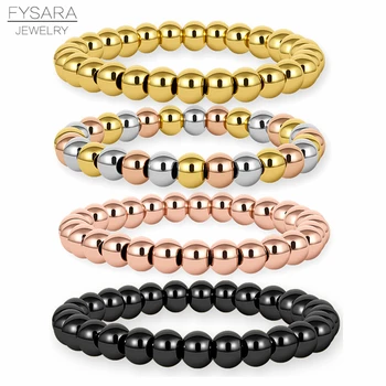 FYSARA 6/8mm Stainless Steel Gold Color Beaded Bracelets & Bangles for Women Men Jewelry Biker Bicycle Bead Stretchable Bracelet