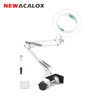 

NEWACALOX USB 5X Folding LED Magnifying Glass Table Clamp Illuminated Magnifier Soldering Third Hand Tool 3 Colors Desk Lamp