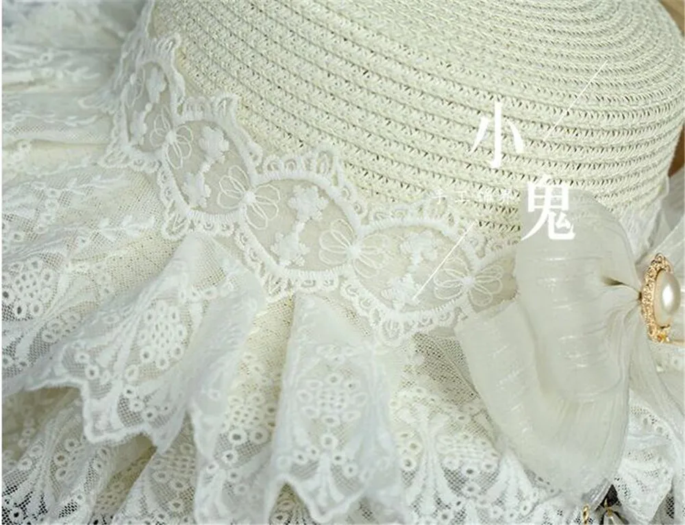 Каваи принцесса Мори девушка летние соломенные шляпы для женщин Пляжная Шляпа От Солнца Японский Лолита кружева лук ленты круглый плоский верх головные уборы B582
