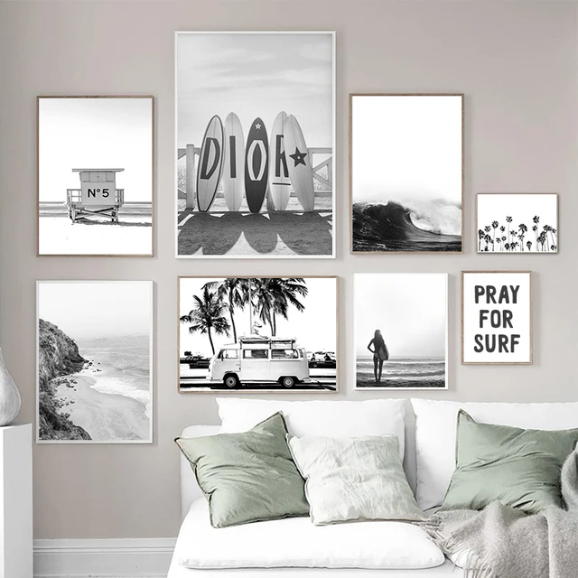 Black and White Palm Tree Beach Landscape Photography Poster Canvas Painting Surf Coastal Wall Art Prints Living Room Home Decor