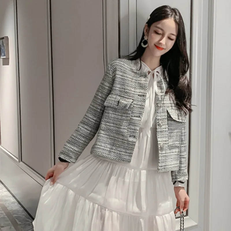 

2020 High Quality Solid Color Temperament Big Pocket Single Row Buckle Small Xiangfeng Long Sleeve Coat Short Money