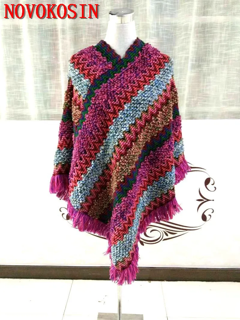 

SC365 2019 Autumn Rose Red Triangle Loose Sweater With Tassels 4 Colors Knitted Poncho Casual Bat Sleeves Striped Pullovers