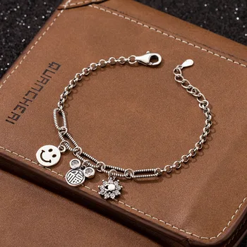 

S925 Sterling Silver Bracelets Thai Silver Smiley Face Bracelet Banglt Female Student Retro Cool Net Red Hand Jewelry