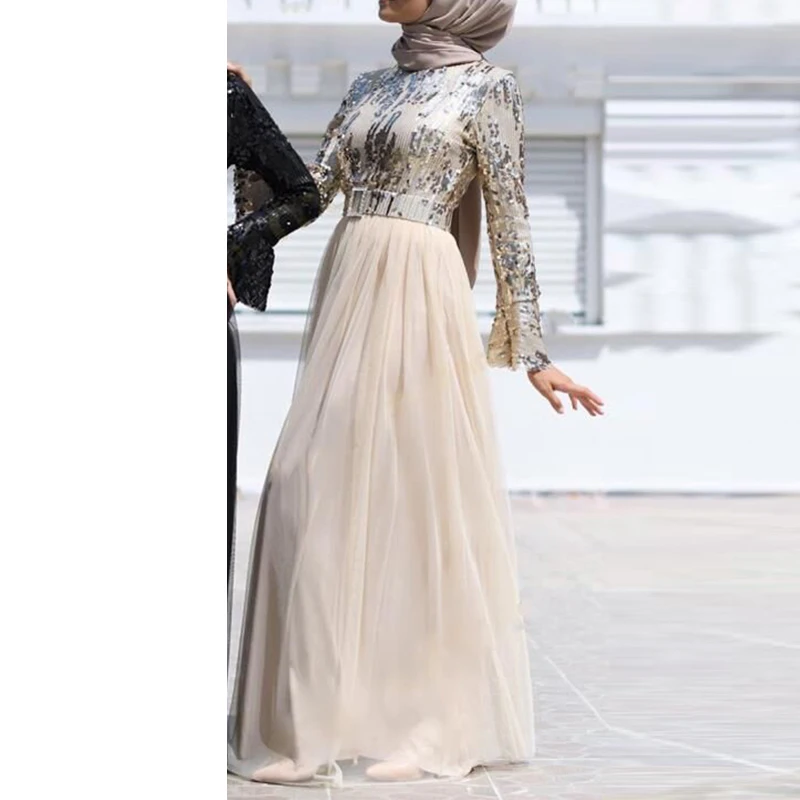 Muslim Dress Sequin Abaya Dubai Abayas For Women Hijab Dress Kaftan Caftan Turkish Dresses Evening Robe Islamic Clothing Kleding - Цвет: Silver dress