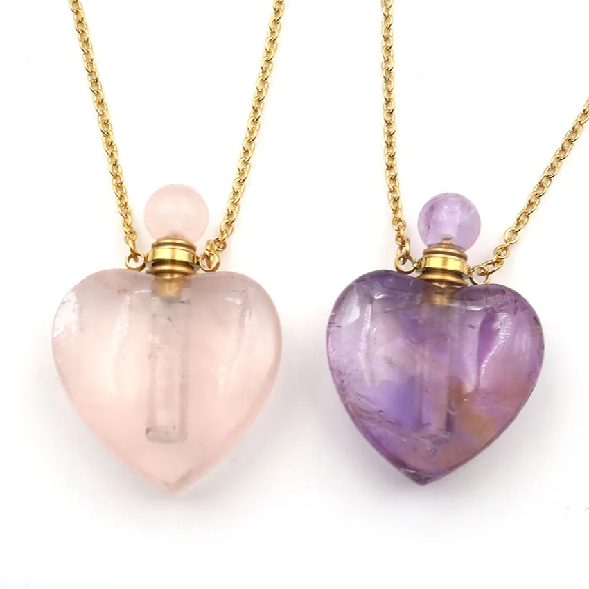 

XSM Heart Shape Perfume Bottle Pendant Necklaces Natural Crystal Stone Rose Quartzs Essential Oil Scent-bottle Diffuser Jewelry