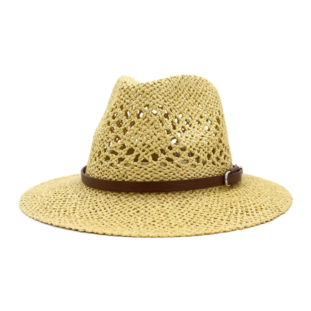 

new Summer Hats for Women Casual Solid Straw Hat Panama Cowboy Caps Men Hollow Out Belt Beach Sun Hat