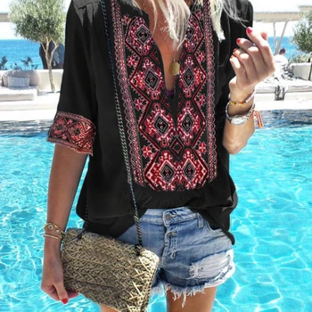 

Heflashor 2020 Women Ethnic Style Bohemian T Shirt Blusas Summer Casual Printed Boho Tops Sexy V-Neck Beach Female Plus Size