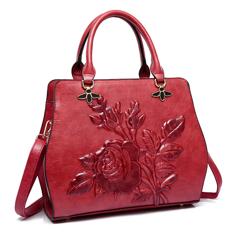 

P-F bag 2019 New Women Handbag Chinese Style PU Leather Bag retro embossed Handbags Ladies Flower Big Shoulder Bag High Quality
