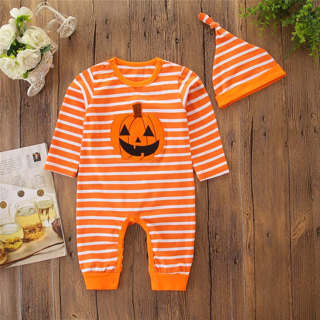 Newborn Kids Baby Boys Halloween Outfit Clothes Stripe Romper+Hat Set Toddler Halloween Costume Baby Romper Jumpsuit Dropship