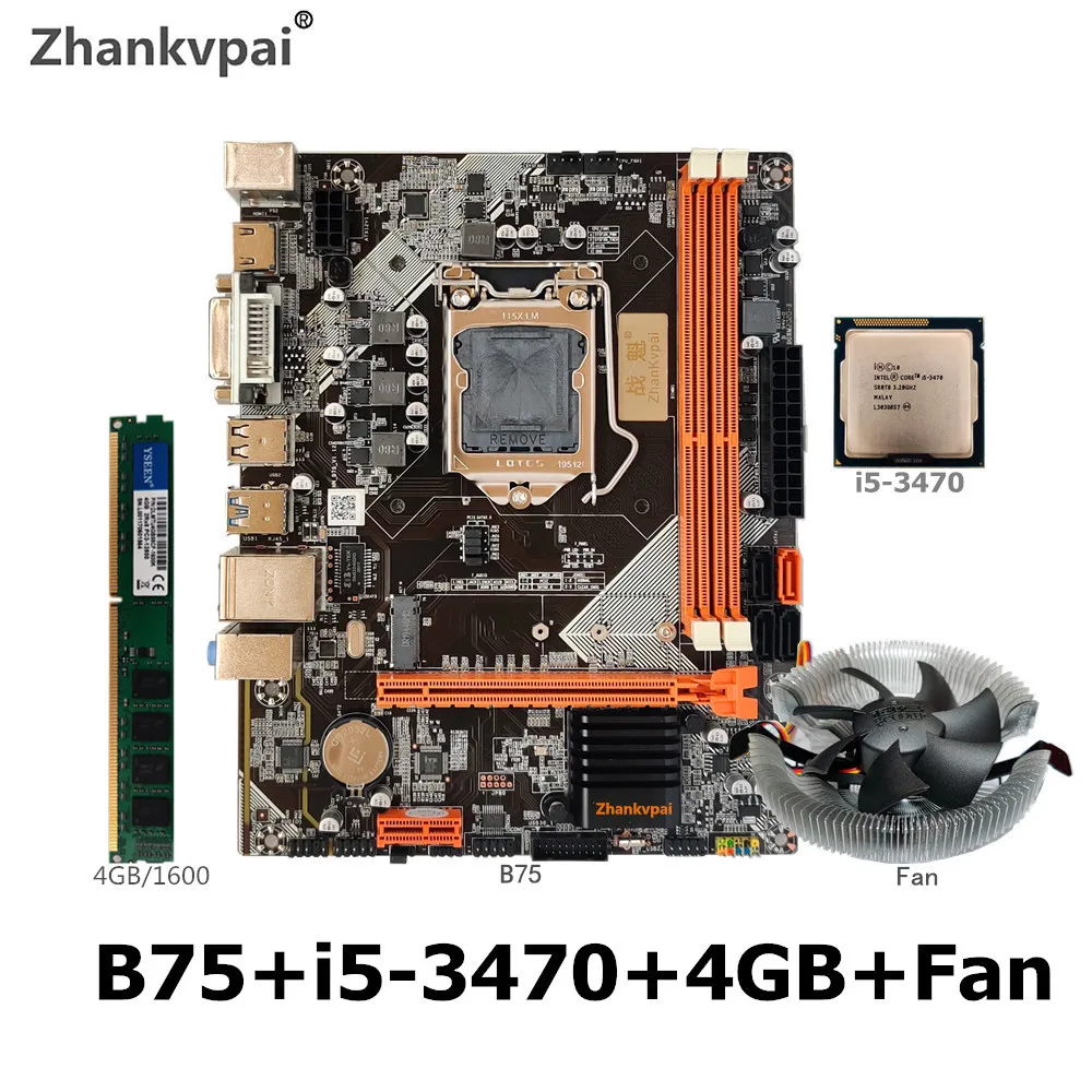 Комплект материнской платы B75 LGA 1155 с процессором Intel Core i5 3470CPU 1 шт. * 4 Гб 1600 МГц DDR3 + память для настольного компьютера с вентилятором SATA III USB 3,0 ...