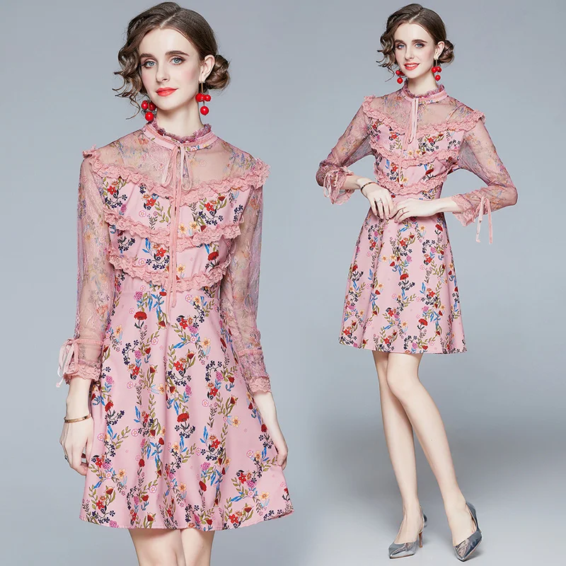 Женское модельное винтажное платье с цветочным принтом розовое Сетчатое бантом