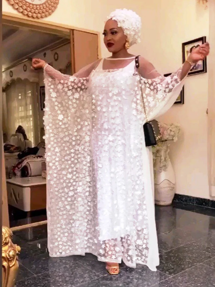 African Dresses For Women Plus Size Long Dress White Lace Maxi Dress African Clothes O-Neck Ruffles Sleeve Long Dress Party club african gowns