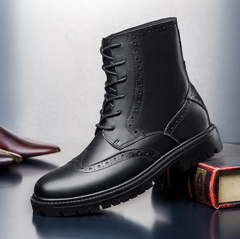 

Men Chelsea Boots Slip-on Waterproof Ankle Boots Men Brogue Fashion plush winter snow Boots genuine Leather shoes big size 48 o4