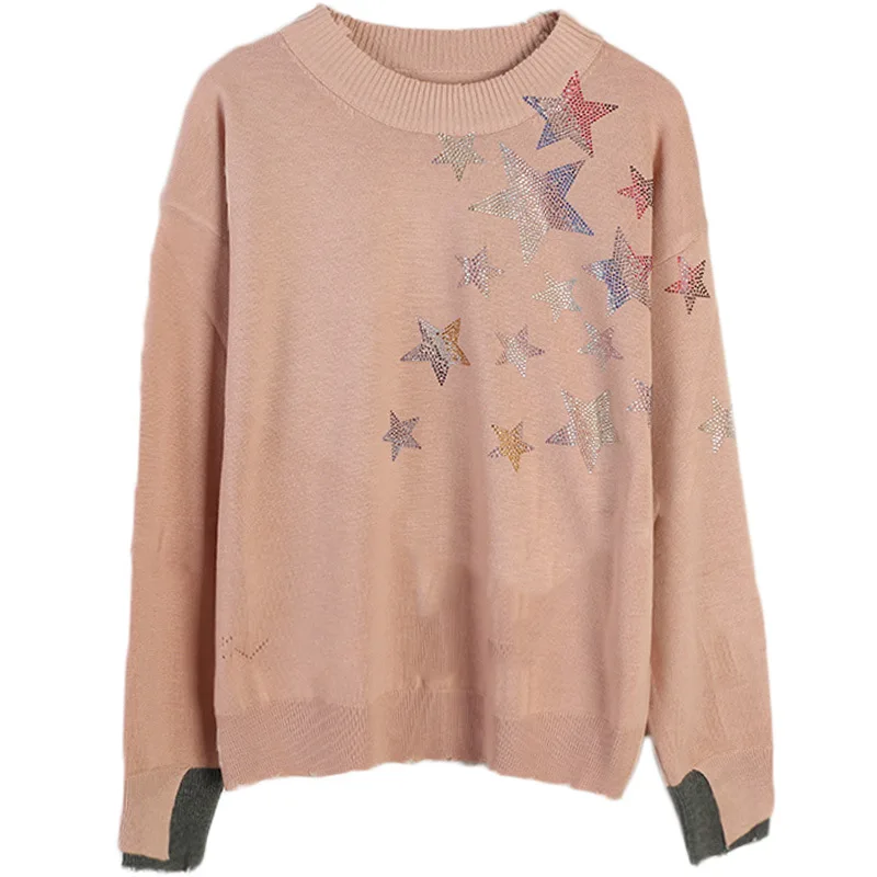 Женский свитер осень-зима женский длинный рукав пятиконечная звезда Горячая бурение Круглый Вырез Свободный Вязаный топ - Цвет: 11153