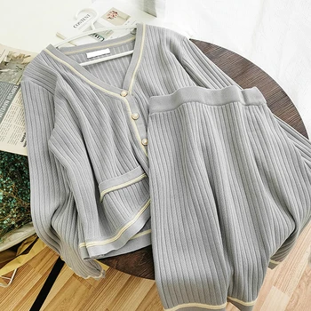 

Women Knitted 2pcs Set Elegant Gray/Black V-neck Long Sleeve Single Breasted Cardigans + High Waist Skirt Female Two Piece Sets