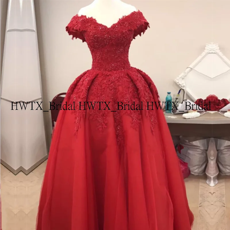 Красный HWTX_Bridal, подгонка размера плюс, вечернее платье, винтажное, с кружевной аппликацией, с открытыми плечами, корсет, бургундское, красное, длинное платье для выпускного вечера - Цвет: Красный