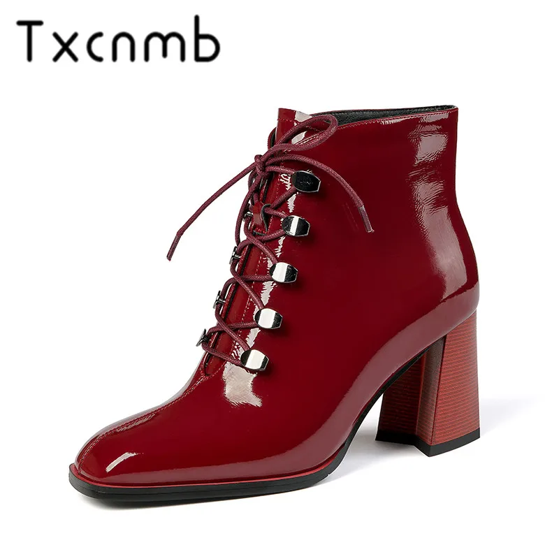 

TXCNMB Hot Fashion Boots Women High Heel Short Ankle Boots Winter lace-up Genuine Leather Fashion Footwear Warm Shoes Woman