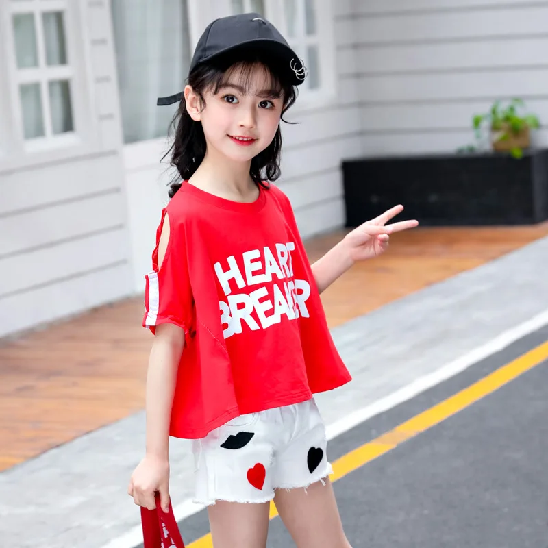 

2019 Summer Childrenswear New Style Korean-style Girls Webbing Short Sleeve Set Big Boy Summer Wear Cotton Two-Piece Set