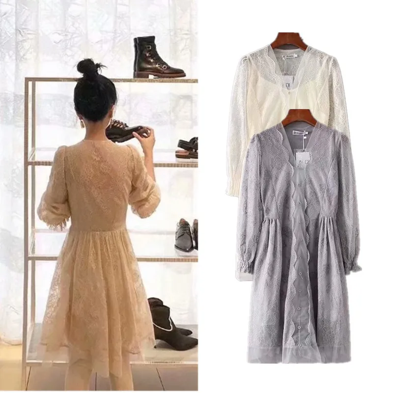 

2018 Summer New Style Lace Joint Mesh Dress + V-neck Backless Sexy Camisole Elegant WOMEN'S Suit J8477