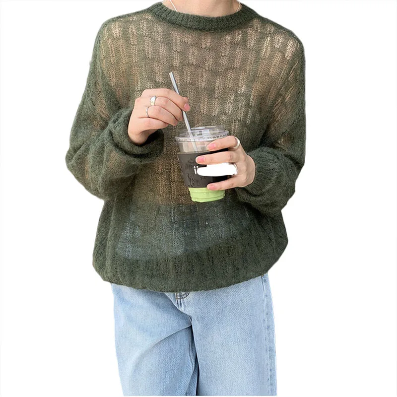 Suéter de lana de Mohair transparente de ganchillo para mujer, Tops tejidos a la moda