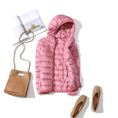 Pink Новинка, Осень-зима, женская тонкая куртка-пуховик на белом утином пуху, парка, женский ультра светильник, пальто, Короткие топы, парки с карманами размера плюс - Цвет: Pink