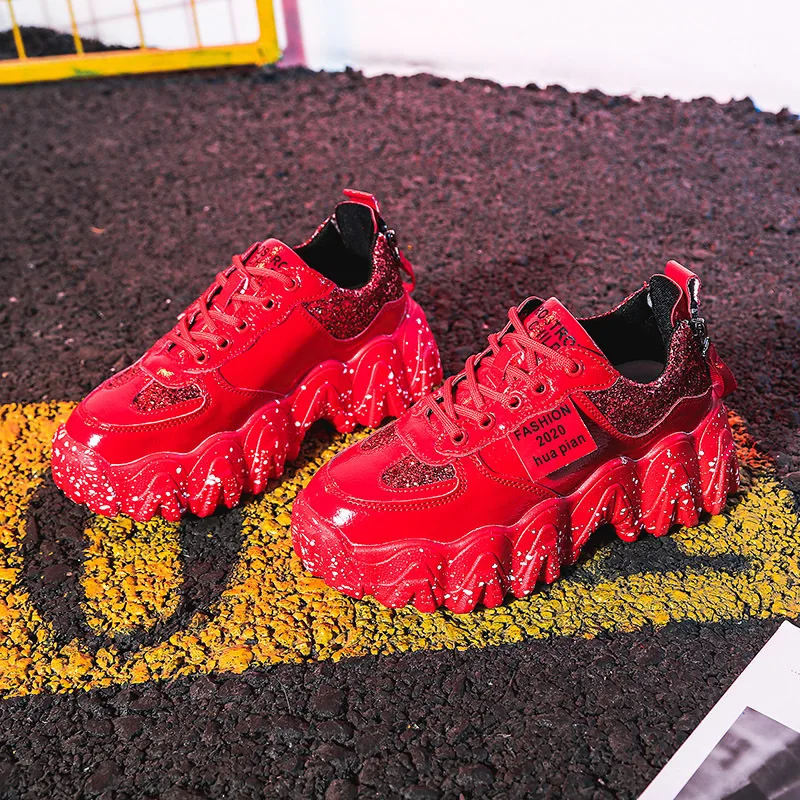 

Rubber Round Toe PU Platform Shoes Women Vulcanized Shoes Woman Spring Lace-up Sneakers Women Casual Rubber Ladies Dad Shoes