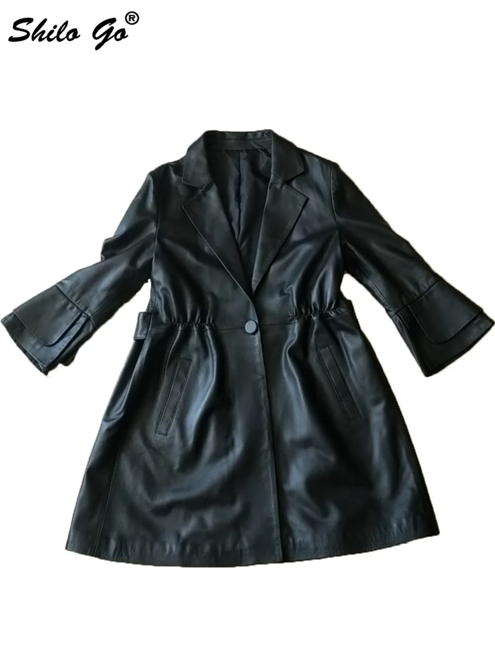 Genuine Leather Blazer Office Lady Notched Neck Single Button Flare Sleeve Fit and Flare Sheepskin Long Coat Women Solid Outwear