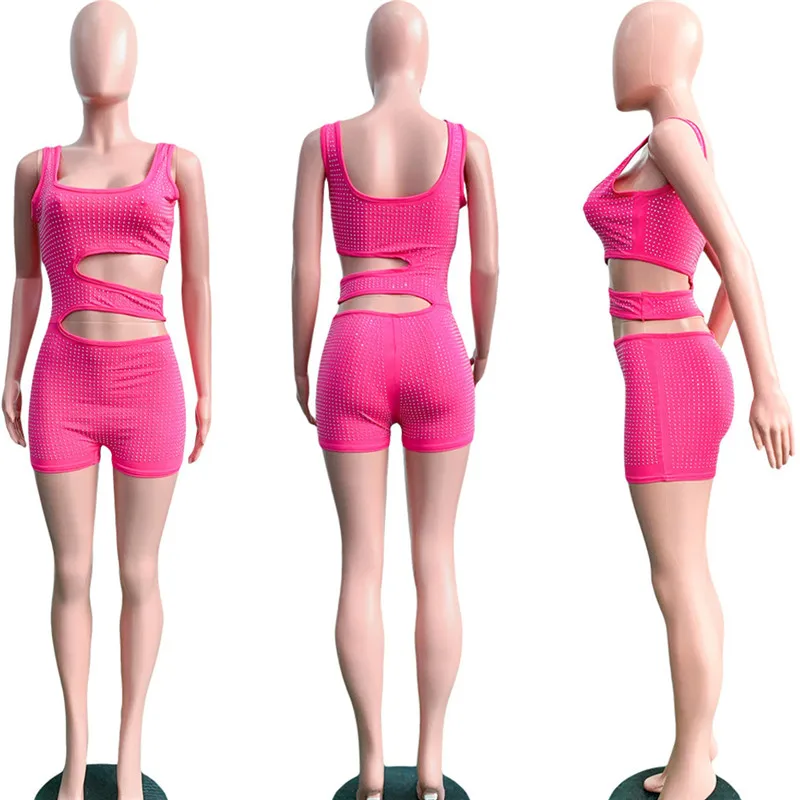 Rose Red Бриллиантовыми стразами пикантные Стразы комбинезон Для женщин Bodycon комбинезон летний Повседневное без рукавов, майка, топ, жилет облегающие Клубные вечерние комбинезоны для девочек - Цвет: Rose Red