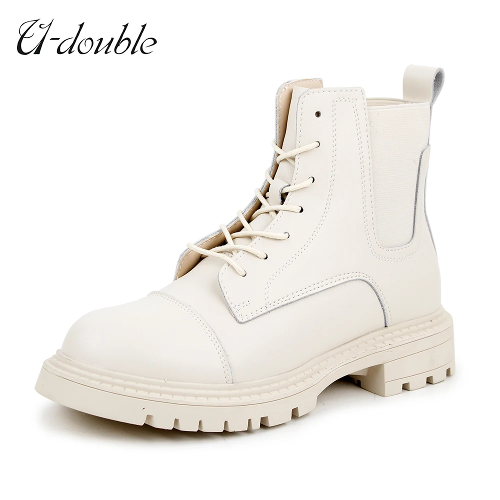 

U-Double Winter Warm Women Ankle Boots 2022 New Genuine Leather Women Chelsea Boots Lace Up Platform Fur Woman Boots