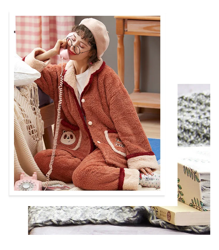 Зимняя домашняя фланелевая теплая Пижама с кардиганом на пуговицах; утепленная Пижама с отворотом и рисунком; удобная темно-Коралловая бархатная Пижама