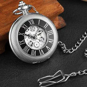 

Luxury Unique Silver Serpiente Mechanical Pocket Watch Mens Roman Dial Sculpture Hollow Steampunk Skeleton Watch With Chain