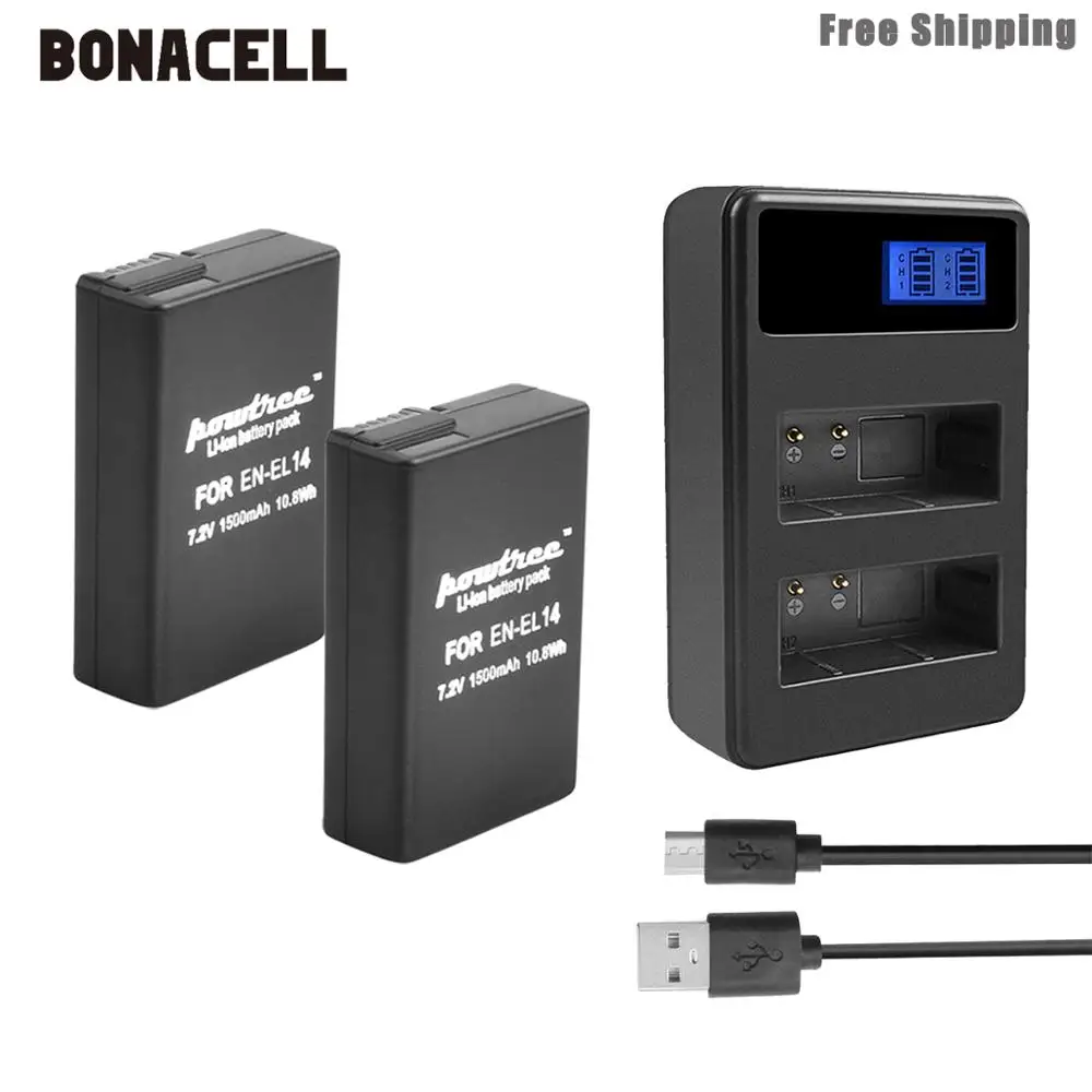 2XBattery LCDCharger Bonacell 1500 мАч EN-EL14 EN-EL14a ENEL14 EL14 батарея+ ЖК двойное зарядное устройство для Nikon P7800, P7700, P7100, P7000, D5500, D5300, D5200 L50 - Цвет: 2XBattery LCDCharger
