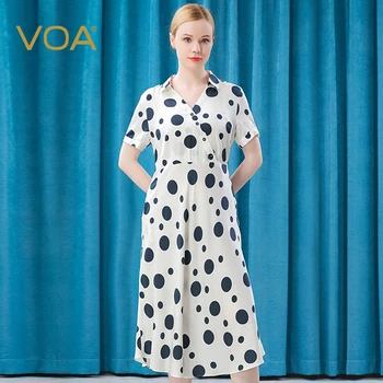 

VOA silk water cow dot printing and dyeing ripple trim button-down three-dimensional cropped elastic skin-kissed dress AJ05-1
