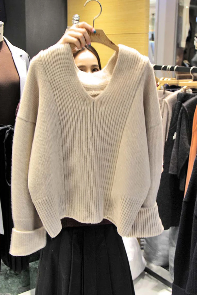 Neploe Pull Femme корейский вязаный пуловер длинный рукав v-образный вырез толстый теплый свитер осень зима однотонный трикотаж 54197