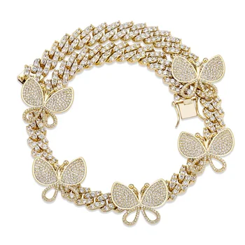 

hot sale statement hiphop gold choker jewelry rhinestone hiphop custom pendant cuban link butterfly necklace