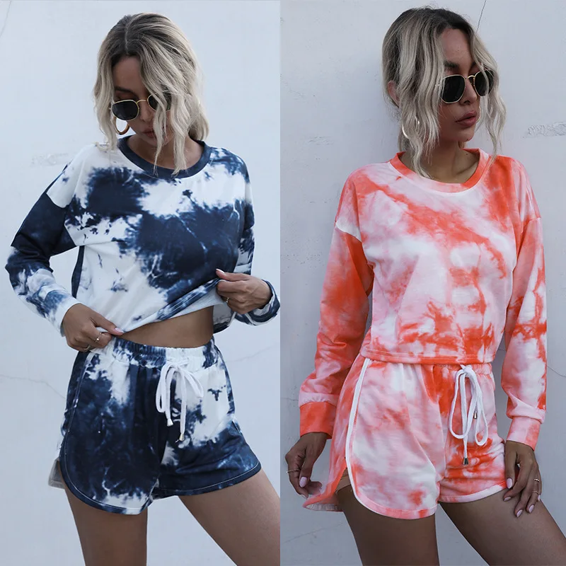 

Spring and autumn 2020 women's suit tie dye printing basic round neck set home loose sports suit fashion casual suit