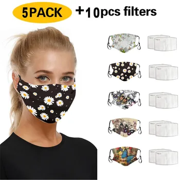 

5PCS +10PC Filters Daisy Print Cotton Cute Cartoon Masks Personality Mask Cosplay Expression Washable Bear Keep Warm Masks Props