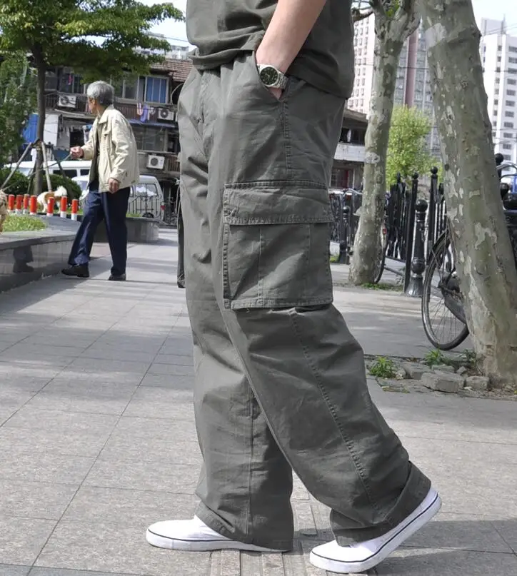 autumn summer Men cargo pants plus size safari style pocket zipper 6XL 7XL 8XL out door straight loose army green | Мужская одежда