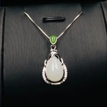 

Real 925 Silver White HeTian Jade Water Drop Shape Design Lucky Pendant + Chain Choker Necklace For Women Jewelry