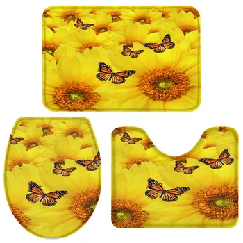 

Sunflower Yellow Butterfly Flower Field Bath Set Toilet Cover Mat Pedestal Rug Non-Slip Bathroom Rug Set