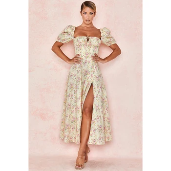 

2020 autumn new printed dress sexy square neck short sleeve split dress fashion slimming party club casual and ankle dress