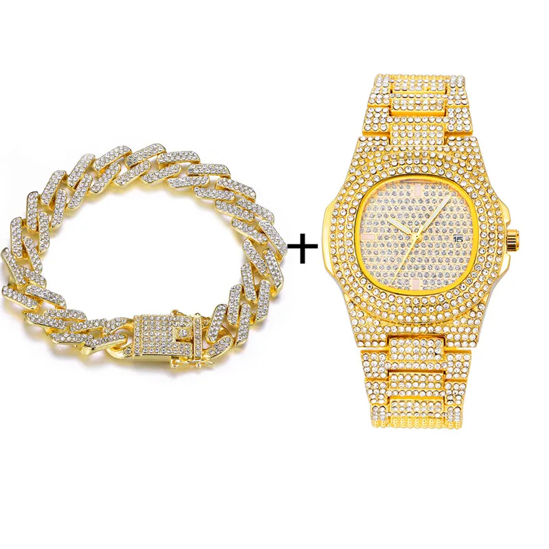 Хип-хоп ожерелье+ часы+ Браслет Bling Iced Out, циркониевые кубинские полностью проложенные стразы, мужской Браслет, Ожерелье для мужчин, ювелирные изделия
