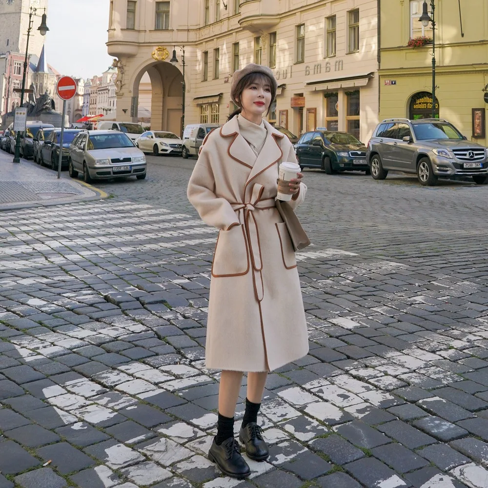 

Photo Shoot Mixed Colors Covered Edge Woolen Jacket Women's 2019 Autumn And Winter New Style Retro Hepburn Wind Large Lapel Wais