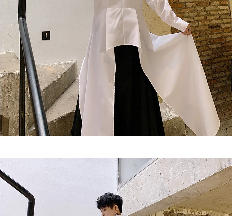 Мужская Осенняя черно-белая Асимметричная длинная рубашка с кисточками сцена для ночного клуба костюм Мужской винтажный Повседневный хип-хоп платье рубашки
