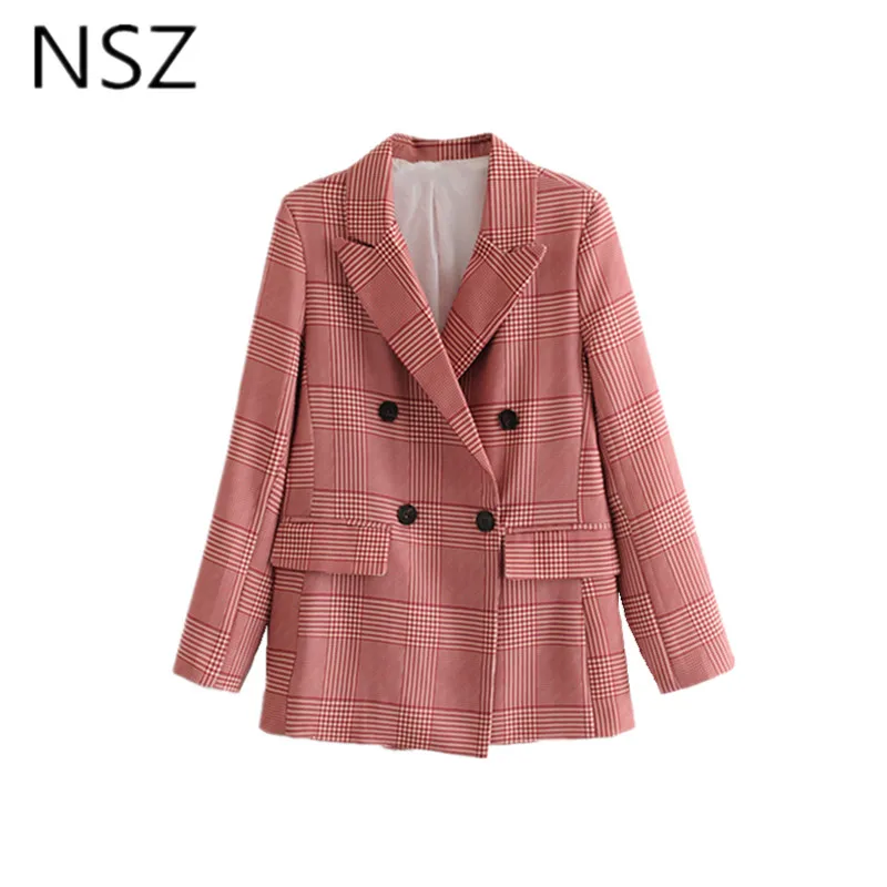 

NSZ Women Red Plaid Blazer Long Sleeve Elegant Houndstooth Chic Jacket Office Lady Work Business Checked Coat Outerwear