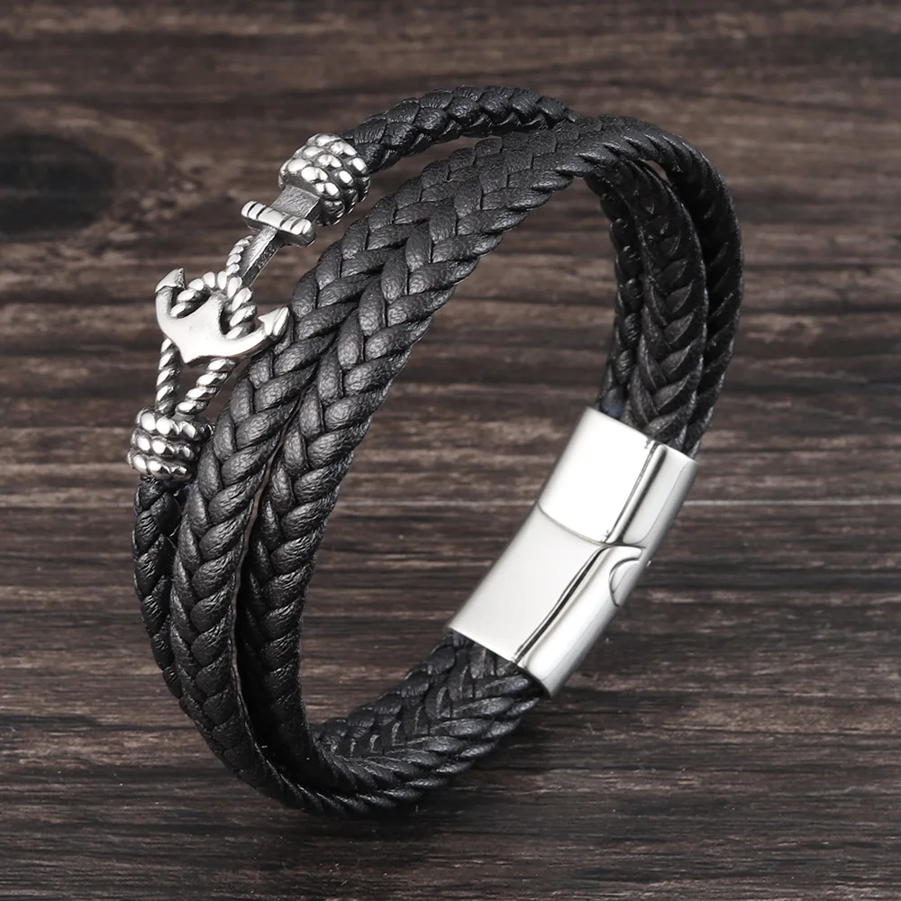 

2019Fashion Stainless Steel Anchor Bracelet Men Black Braided Cowhide Leather Rope Bracelets Wrap Punk Charm Jewelry