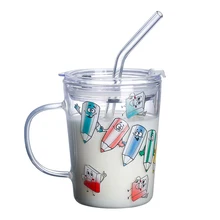 With Straw, With Lid,Pencil Luck Watermelon Double Wall Water Milk Tea Glass Cup Mug 350ml