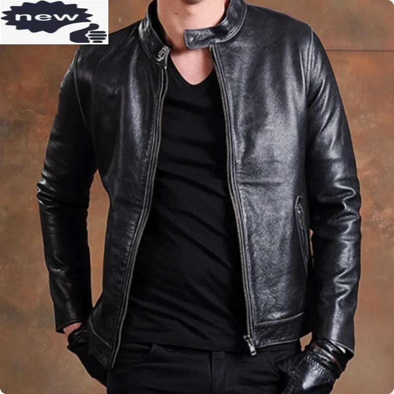 

Fashion Zipper 100% Real Leather Jacket Stand Collar Slim Fit Plus Size Male Coat Homens Jaqueta De Couro Blouson Moto