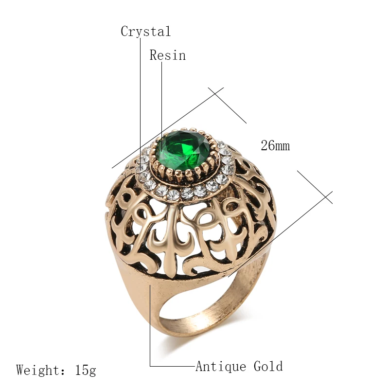Kinel Горячая Мода Дубай золото большое античное кольцо для женщин полые кристалл цветок Зеленая Смола обручальное кольцо Винтажные Ювелирные Изделия